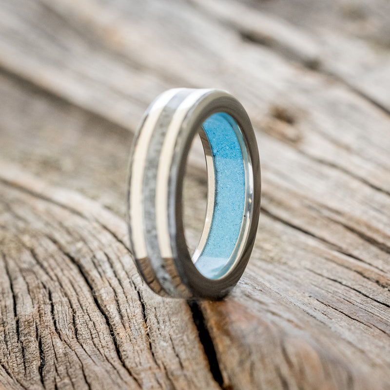 "HOLLIS" - MOONSTONE & 14K WHITE GOLD INLAYS WEDDING RING WITH TURQUOISE LINING FEATURING A HAMMERED BAND