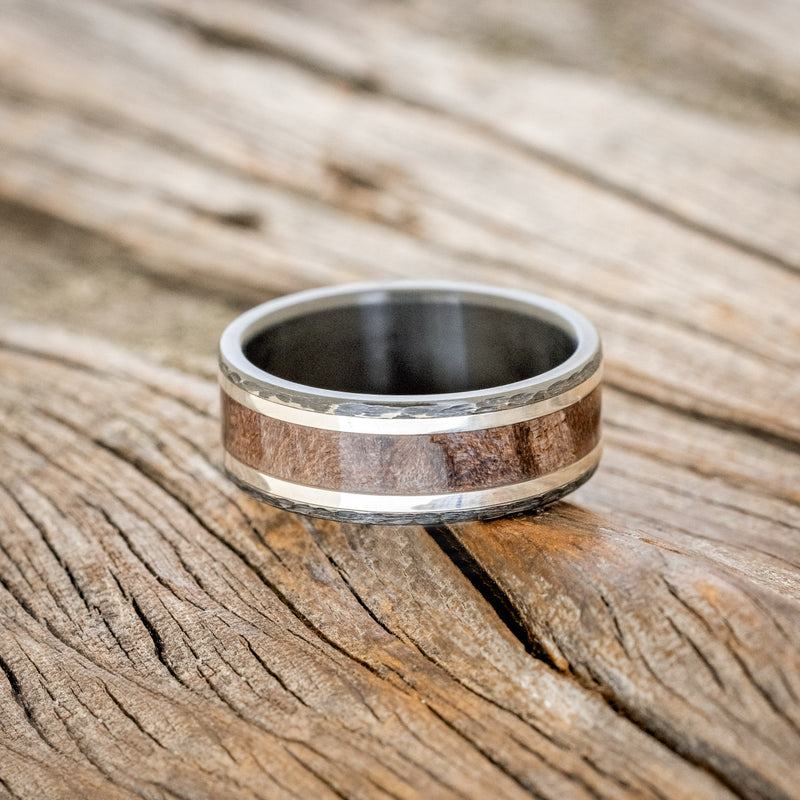 "HOLLIS" - DARK MAPLE WOOD & SILVER INLAYS WEDDING RING FEATURING A HAMMERED FINISH
