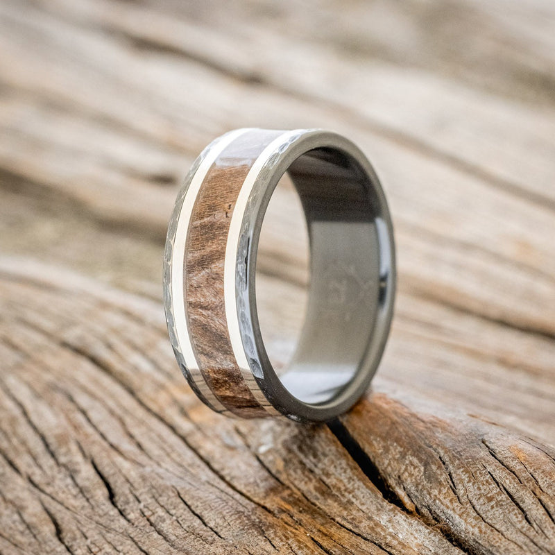 "HOLLIS" - DARK MAPLE WOOD & SILVER INLAYS WEDDING RING FEATURING A HAMMERED FINISH