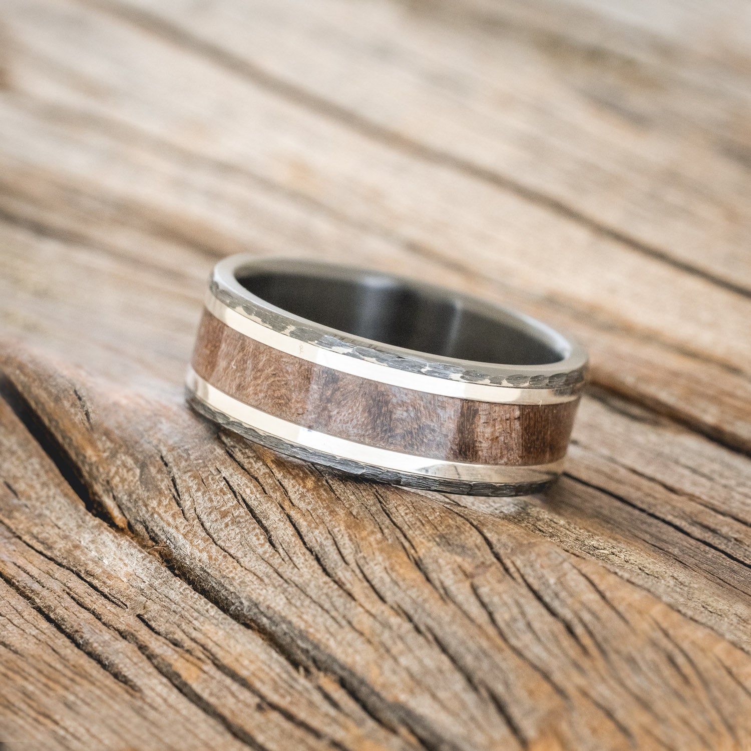 "HOLLIS" - DARK MAPLE WOOD & SILVER INLAYS WEDDING RING FEATURING A HAMMERED FINISH-2