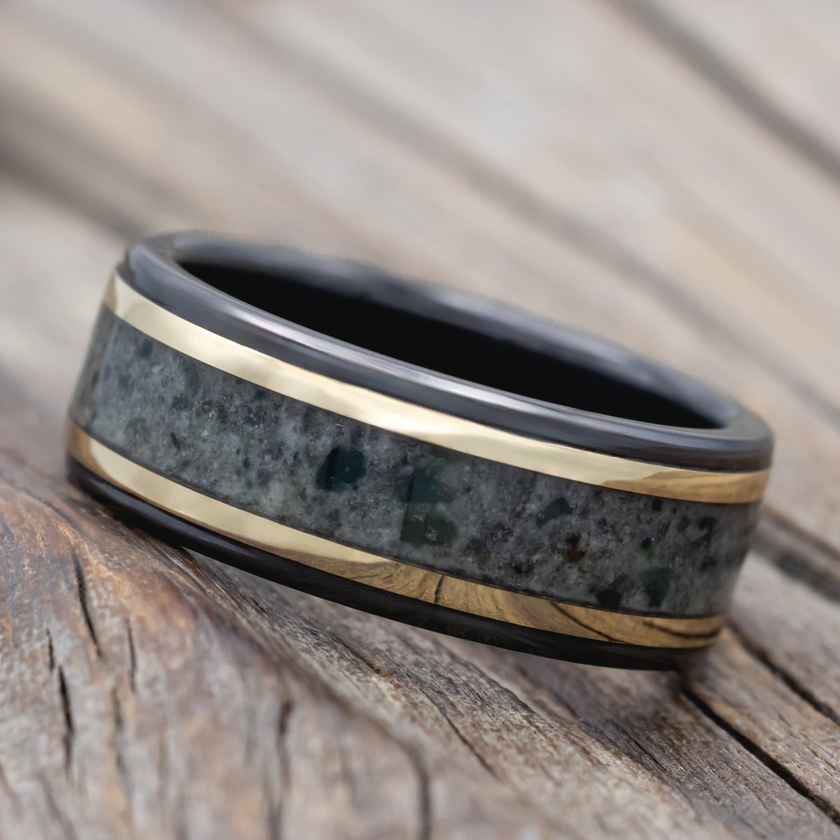 "Hollis" - Moss Agate & 14K Gold Inlays Men's Wedding Ring