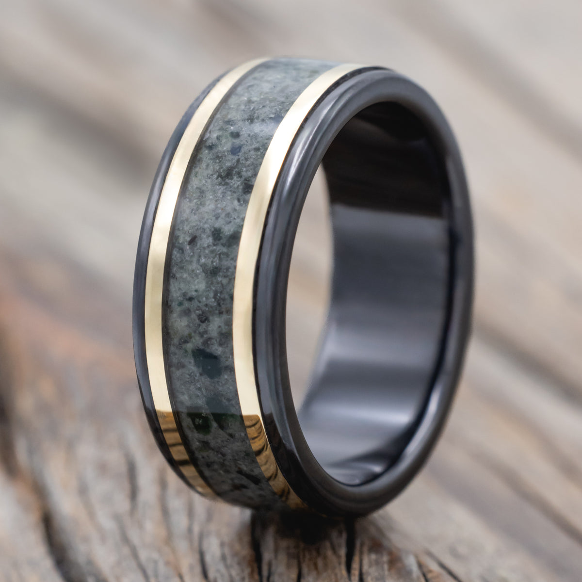 "Hollis" - Moss Agate & 14K Gold Inlays Men's Wedding Ring
