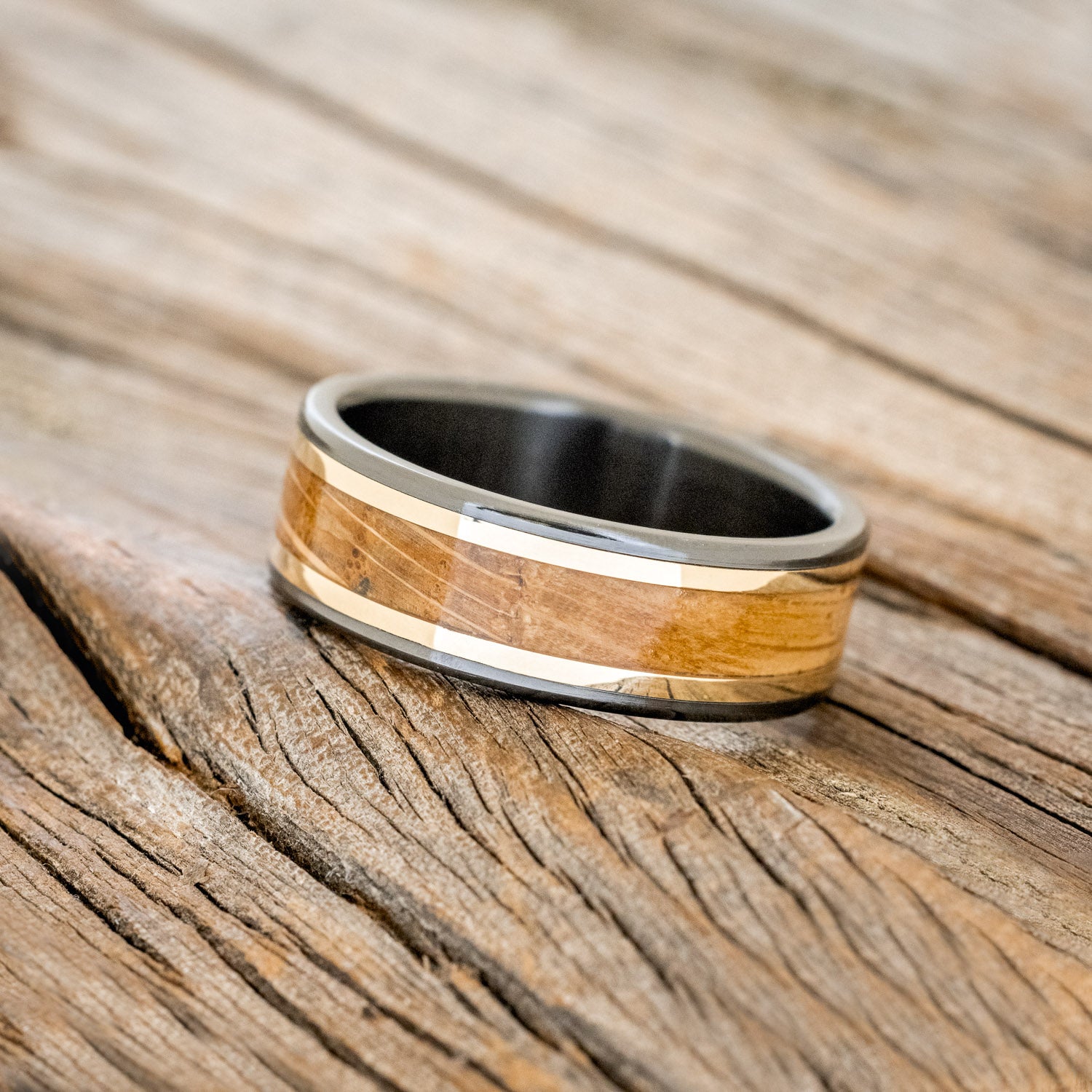 "HOLLIS" - WHISKEY BARREL & 14K GOLD INLAYS WEDDING RING-2