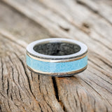 "HOLLIS" - TURQUOISE & 14K WHITE GOLD INLAYS WEDDING RING WITH MOONSTONE LINING FEATURING A HAMMERED BAND-3