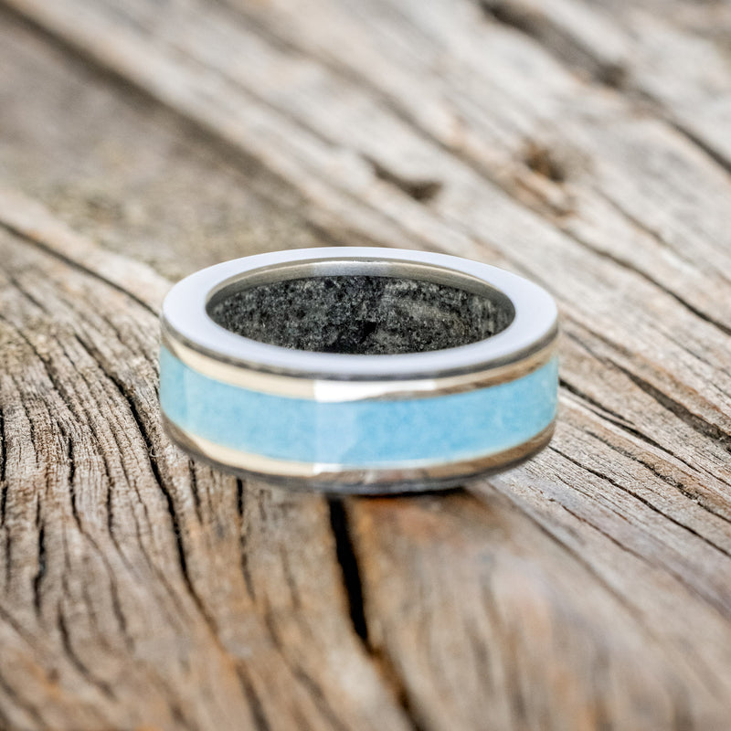 "HOLLIS" - TURQUOISE & 14K WHITE GOLD INLAYS WEDDING RING WITH MOONSTONE LINING FEATURING A HAMMERED BAND-6