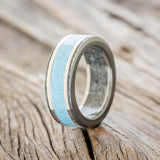 "HOLLIS" - TURQUOISE & 14K WHITE GOLD INLAYS WEDDING RING WITH MOONSTONE LINING FEATURING A HAMMERED BAND-1