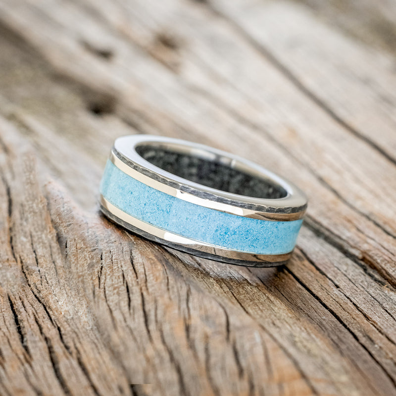 "HOLLIS" - TURQUOISE & 14K WHITE GOLD INLAYS WEDDING RING WITH MOONSTONE LINING FEATURING A HAMMERED BAND-2