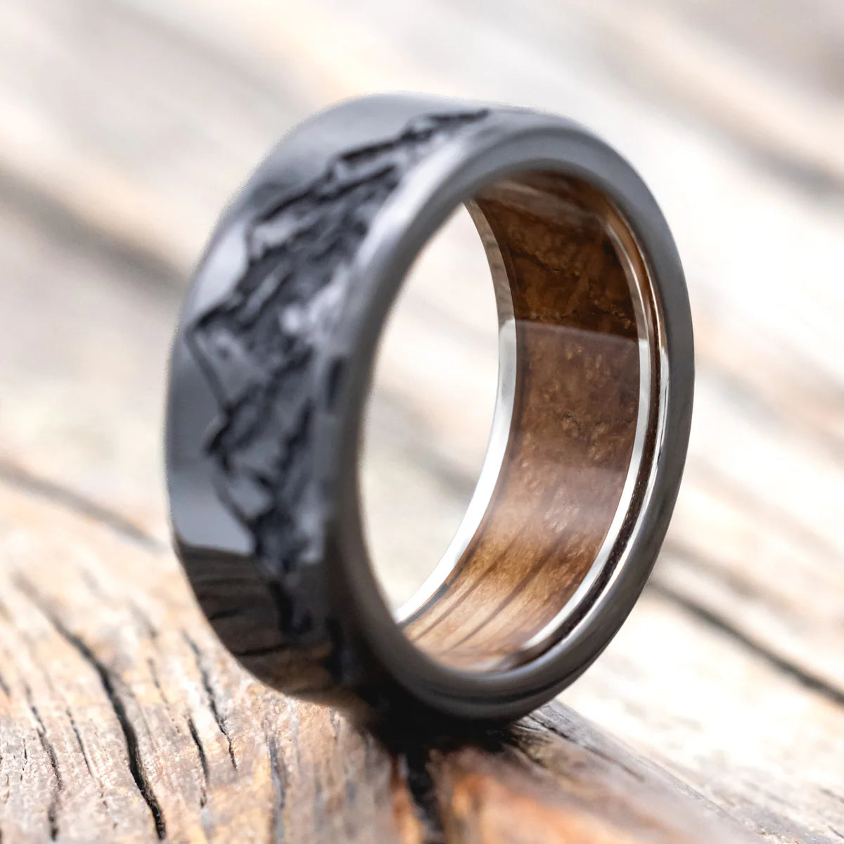 "Horizon" - Mountain Engraved Wedding Band with Whiskey Barrel Oak Lining - Black Zirconium (8mm) - Size 9
