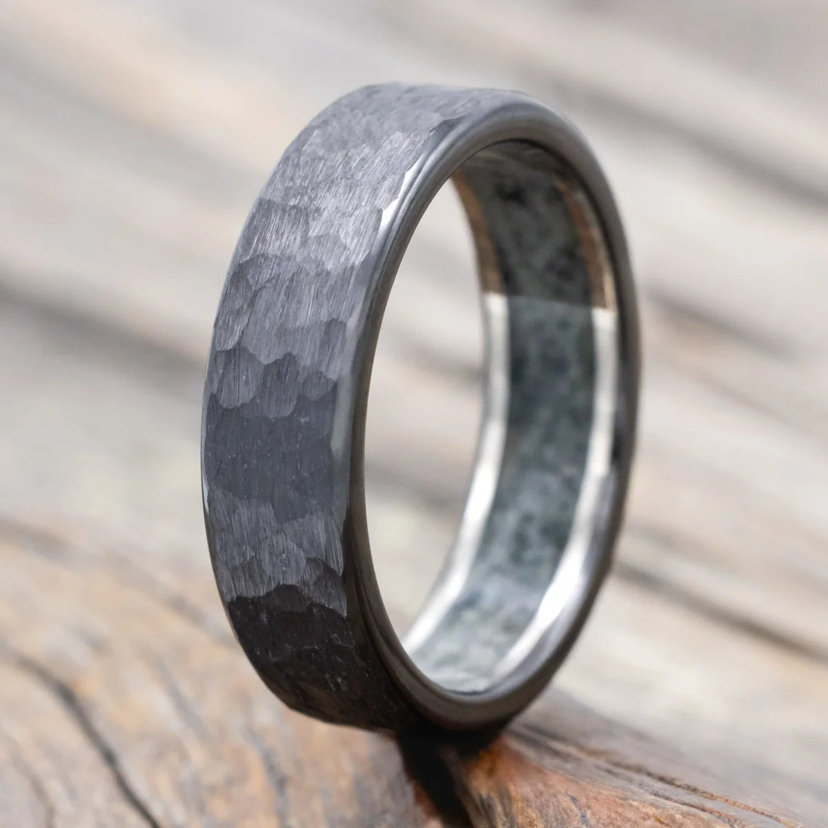 "Hyperion" - Crushed Moss Agate Lined Wedding Band With A Hammered Finish - Black Zirconium (6mm) - Size 9-Staghead Designs