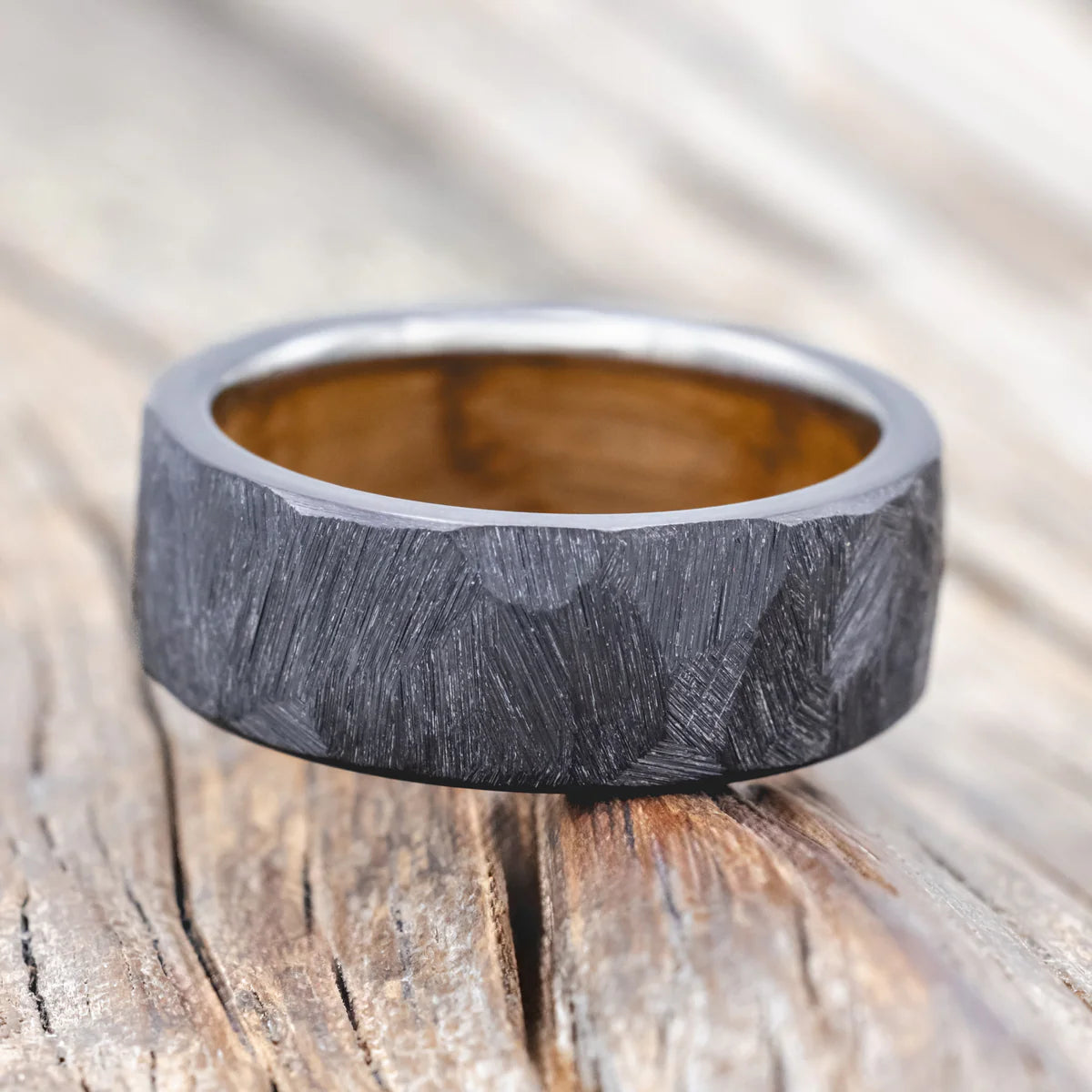 Faceted Wedding Band With Whiskey Barrel Lining - Black Zirconium (8mm) - 11/ 14