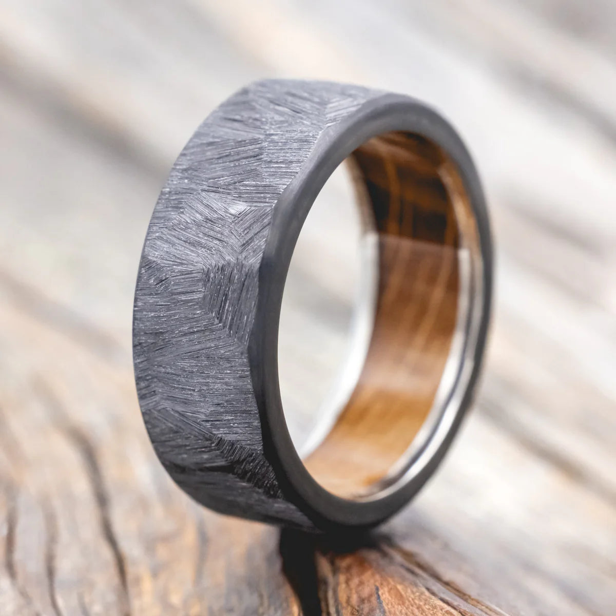 Faceted Wedding Band With Whiskey Barrel Lining - Black Zirconium (8mm) - 11/ 14