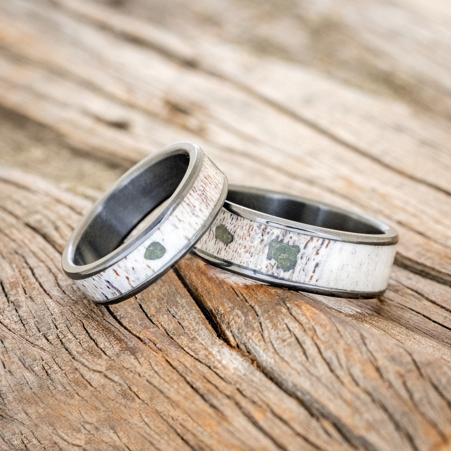 "RAINIER" - MATCHING SET OF MOSS & ANTLER WEDDING BANDS-8