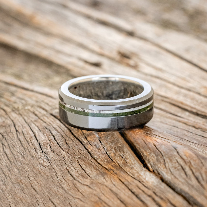 "VERTIGO" - MOSS & ANTLER INLAYS WITH SAND LINING WEDDING RING-9