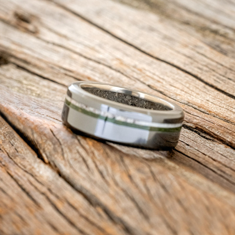 "VERTIGO" - MOSS & ANTLER INLAYS WITH SAND LINING WEDDING RING-11