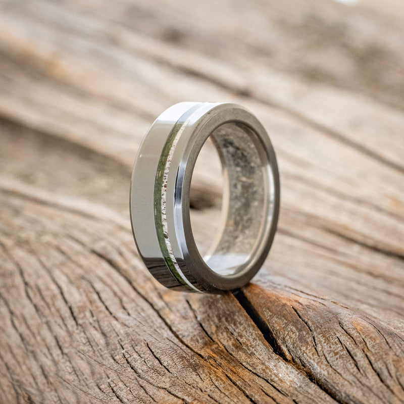 "VERTIGO" - MOSS & ANTLER INLAYS WITH SAND LINING WEDDING RING-7