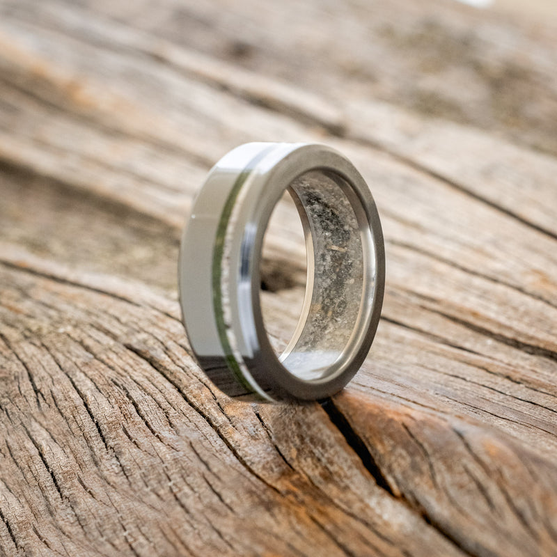 "VERTIGO" - MOSS & ANTLER INLAYS WITH SAND LINING WEDDING RING-10