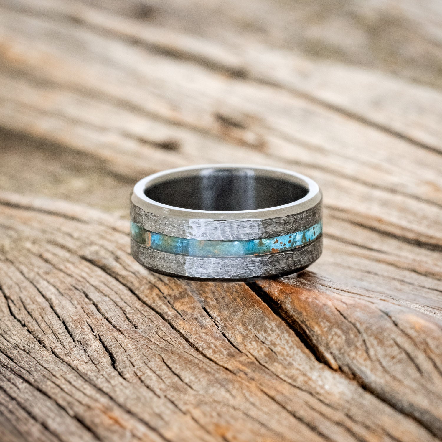 "NIRVANA" - CENTERED PATINA COPPER INLAY WEDDING BAND WITH HAMMERED FINISH-7