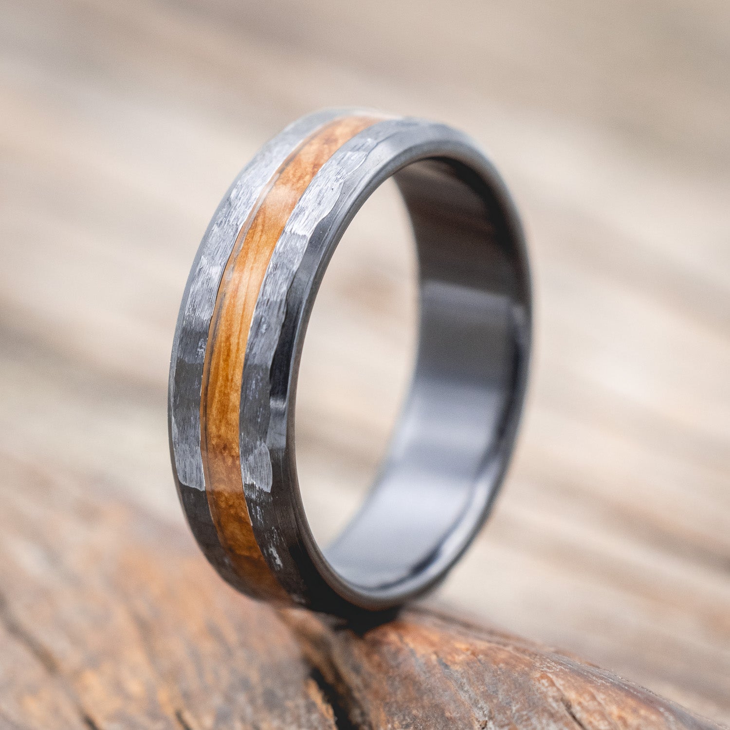 "NIRVANA" - CENTERED WHISKEY BARREL INLAY WEDDING BAND WITH HAMMERED FINISH-Staghead Designs