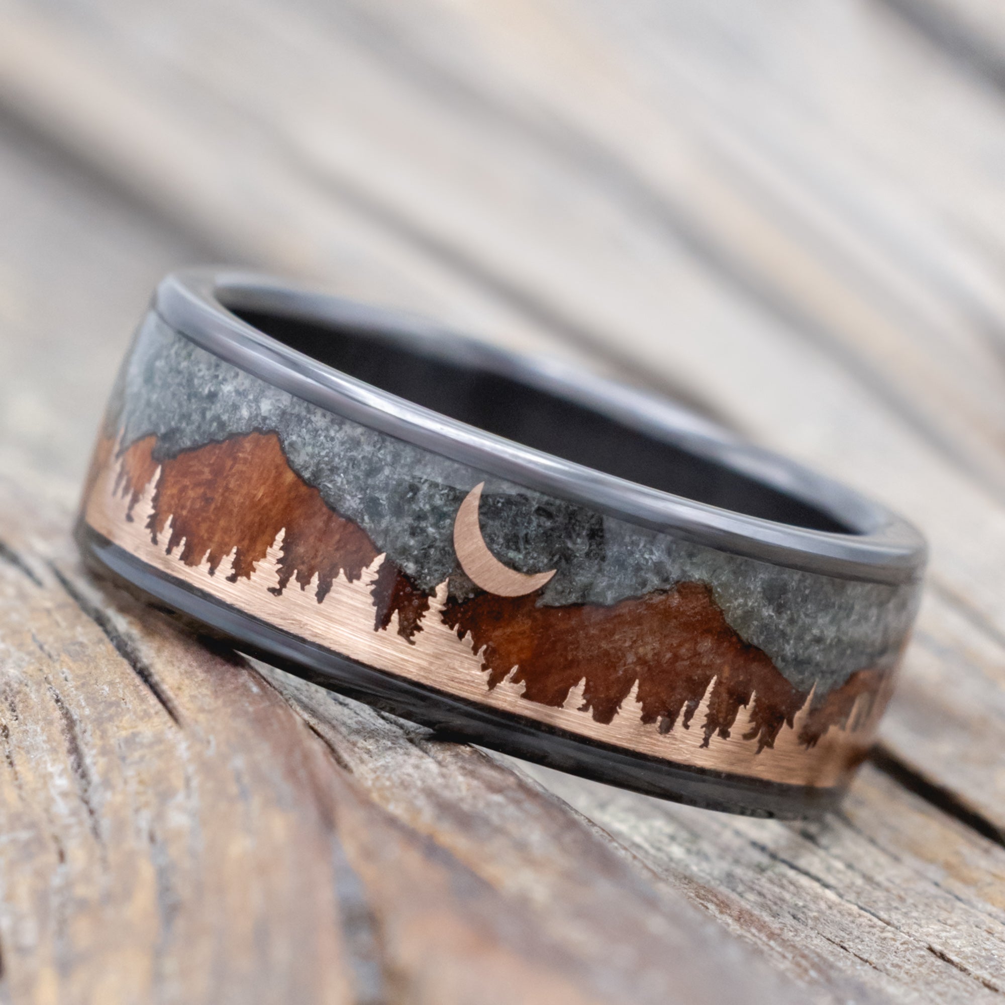 "Orion" - Moss Agate & Redwood Mountain Range Wedding Band With 14K Gold Tree & Crescent Moon Accents-Staghead Designs