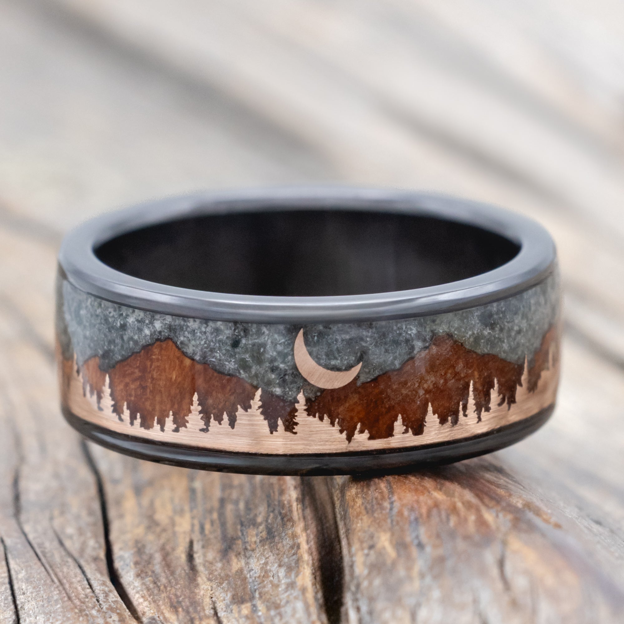 "Orion" - Moss Agate & Redwood Mountain Range Wedding Band With 14K Gold Tree & Crescent Moon Accents-Staghead Designs