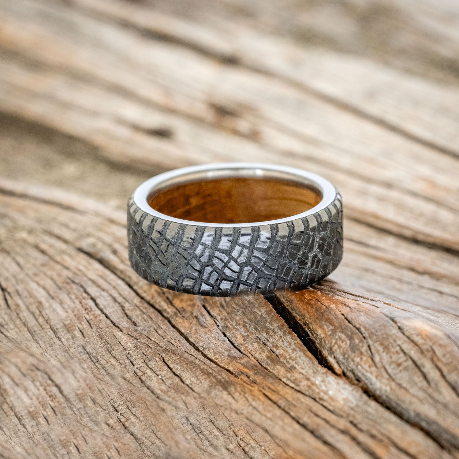 "PARCEL" - CUSTOM EMBOSSED TIRE TREAD WEDDING RING WITH A WHISKEY BARREL LINING-6