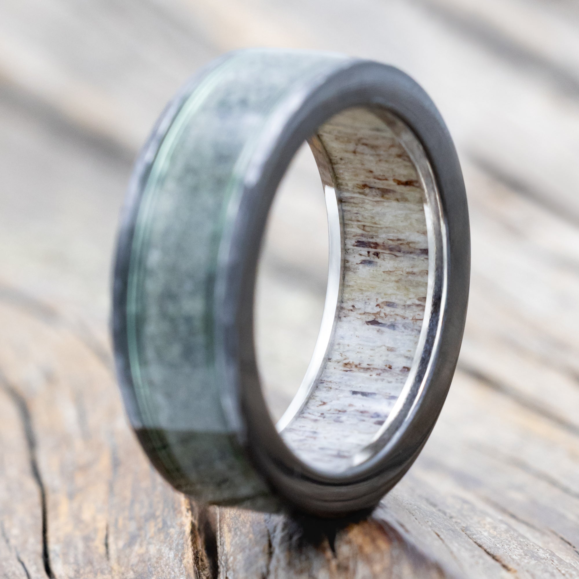 "RAINIER" - CRUSHED MOSS AGATE & FISHING LINE WEDDING BAND WITH AN ANTLER LINING & A HAMMERED FINISH-Staghead Designs