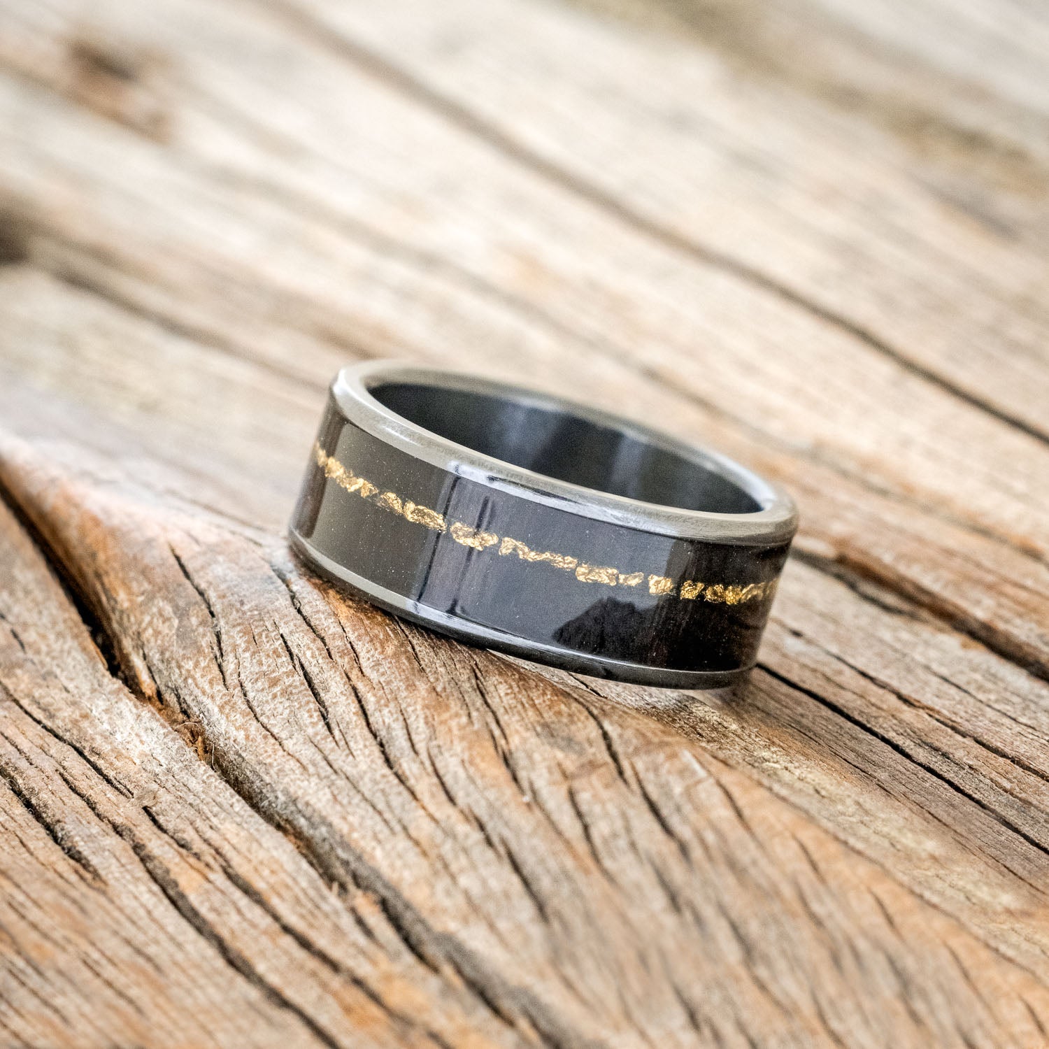 "RAINIER" - AFRICAN BLACK WOOD & GOLD NUGGETS WEDDING RING-2