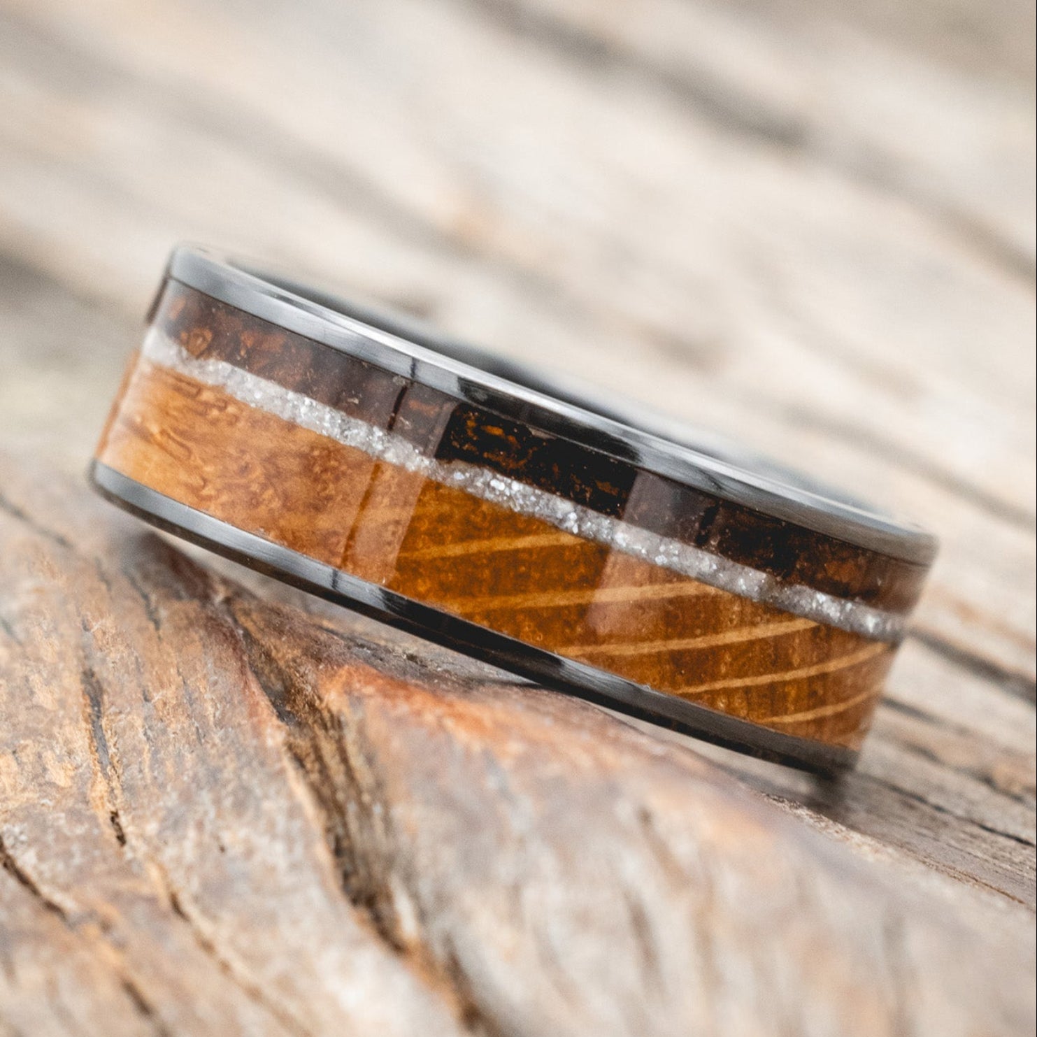 "RAINIER" - DIAMOND DUST, WHISKEY BARREL & COFFEE INLAY WEDDING BAND-Staghead Designs