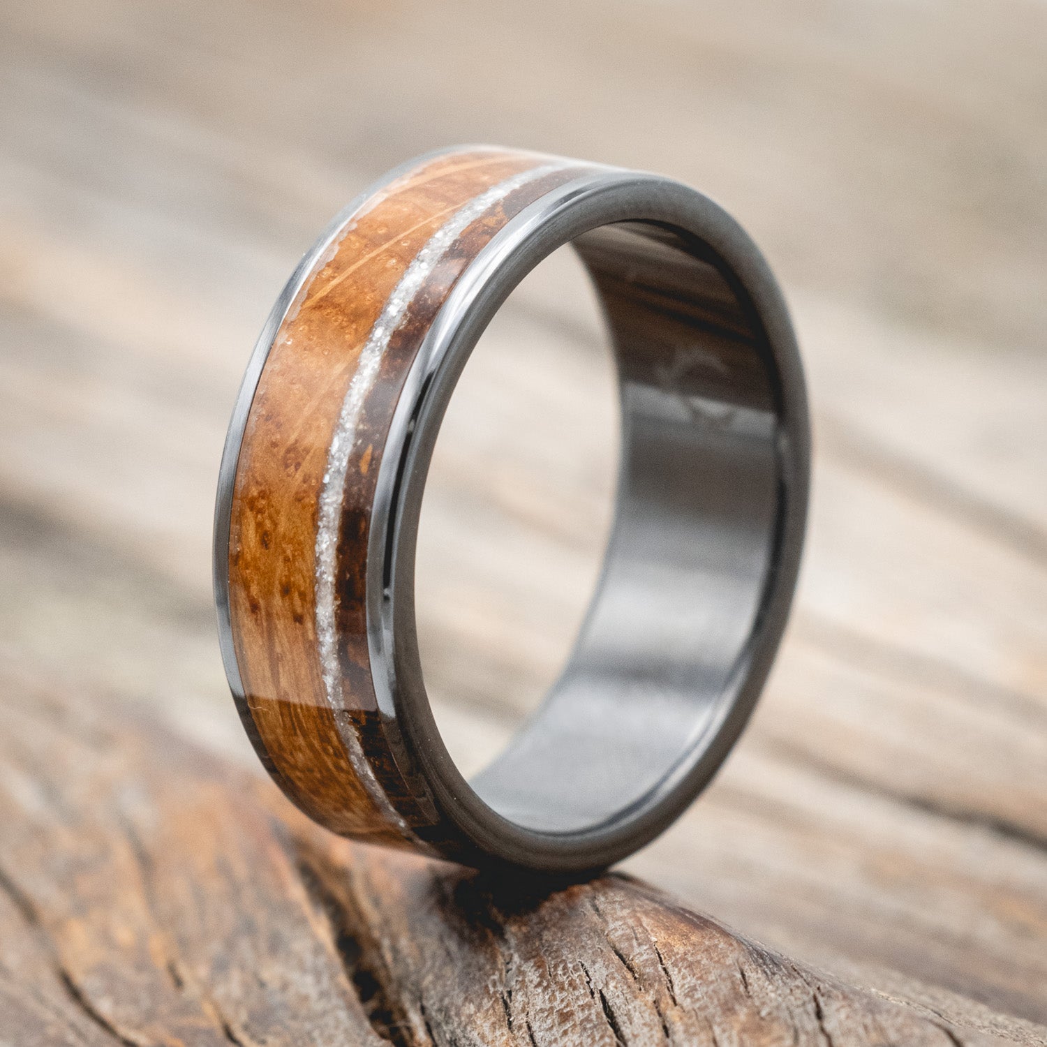 "RAINIER" - DIAMOND DUST, WHISKEY BARREL & COFFEE INLAY WEDDING BAND-Staghead Designs