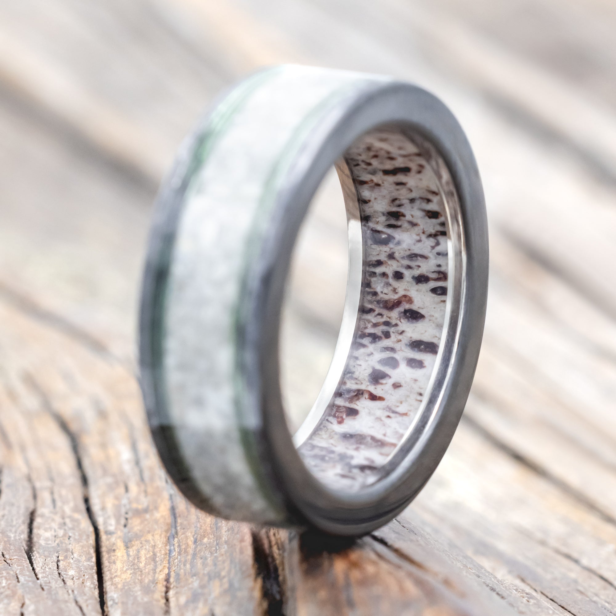 "RAINIER" - ELK IVORY & FISHING LINE WEDDING BAND WITH AN ANTLER LINING & A HAMMERED FINISH-Staghead Designs