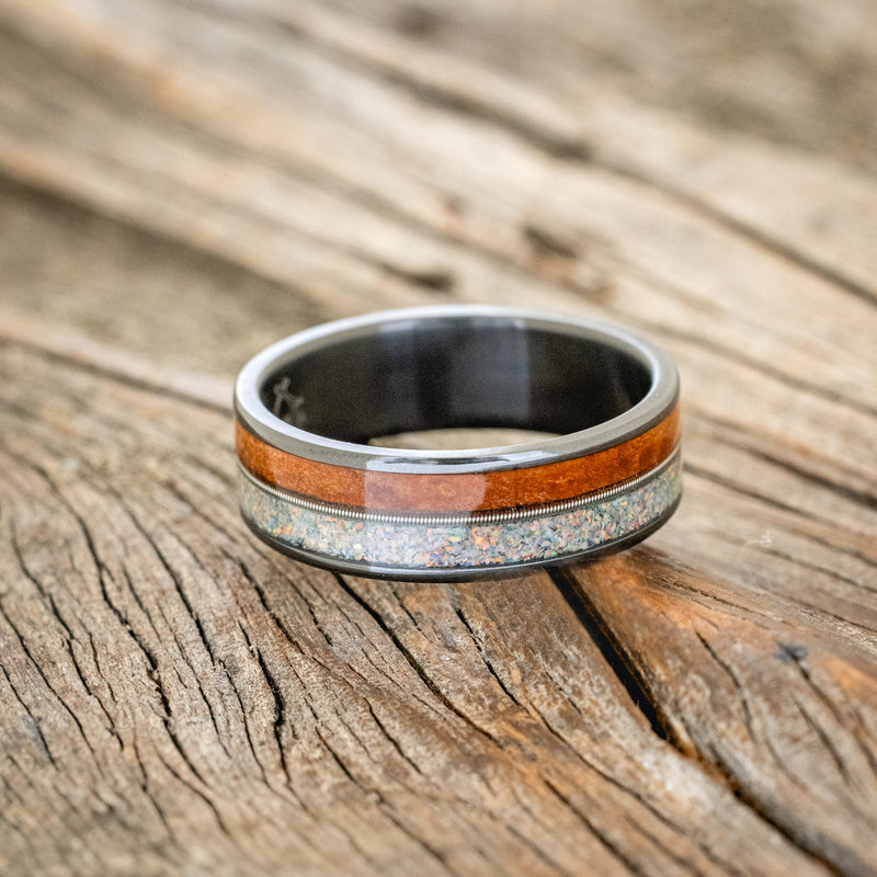 "RAINIER" - FIRE AND ICE OPAL, GUITAR STRING & REDWOOD WEDDING BAND-6