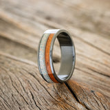 "RAINIER" - FIRE AND ICE OPAL, GUITAR STRING & REDWOOD WEDDING BAND-4