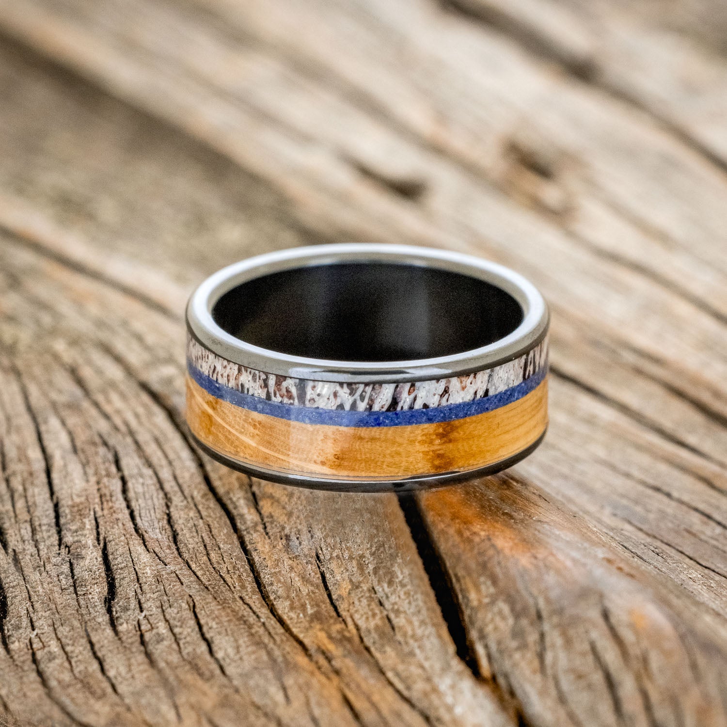 "RAINIER" - ANTLER, LAPIS LAZULI & WHISKEY BARREL OAK WEDDING BAND-6