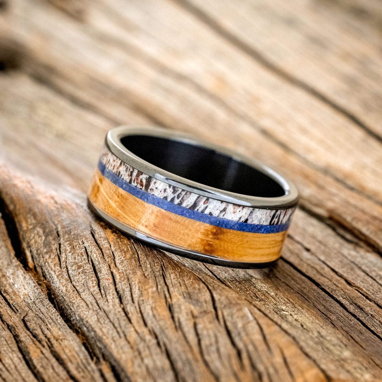 "RAINIER" - ANTLER, LAPIS LAZULI & WHISKEY BARREL OAK WEDDING BAND-5