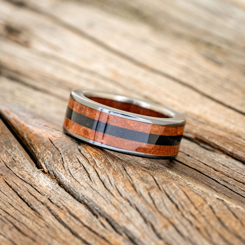 "RAINIER" - REDWOOD INLAY AND LINING WEDDING RING WITH JET STONE-2