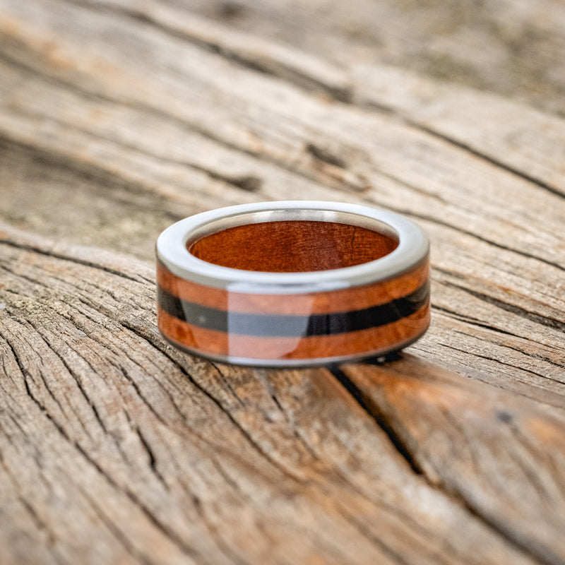 "RAINIER" - REDWOOD INLAY AND LINING WEDDING RING WITH JET STONE-6