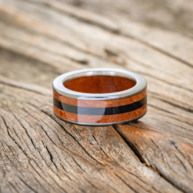 "RAINIER" - REDWOOD INLAY AND LINING WEDDING RING WITH JET STONE-3