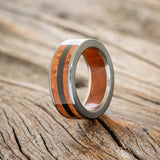 "RAINIER" - REDWOOD INLAY AND LINING WEDDING RING WITH JET STONE-1