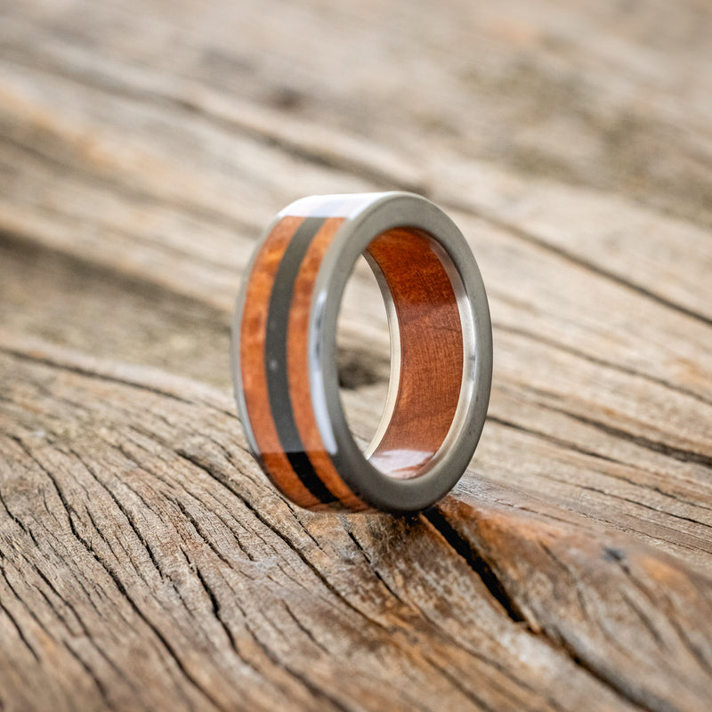 "RAINIER" - REDWOOD INLAY AND LINING WEDDING RING WITH JET STONE-5