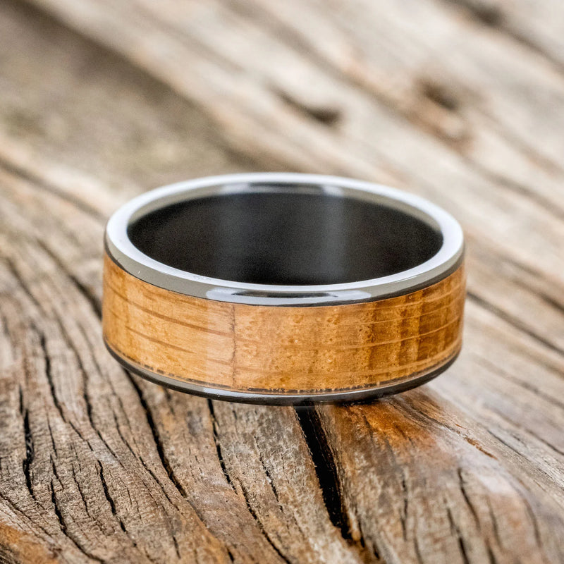 "RAINIER" - WHISKEY BARREL OAK WEDDING RING - BLACK ZIRCONIUM - SIZE 10 1/2-3