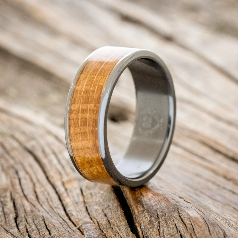 "RAINIER" - WHISKEY BARREL OAK WEDDING RING - BLACK ZIRCONIUM - SIZE 10 1/2-1