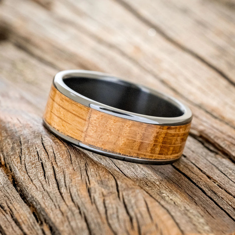 "RAINIER" - WHISKEY BARREL OAK WEDDING RING - BLACK ZIRCONIUM - SIZE 10 1/2-2