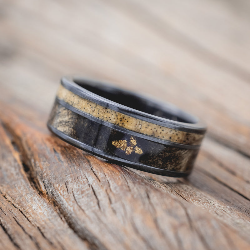 "RAPTOR" - ALASKAN PANNED GOLD NUGGETS SET IN BUCKEYE BURL & SPALTED MAPLE WOOD WEDDING RING-Staghead Designs