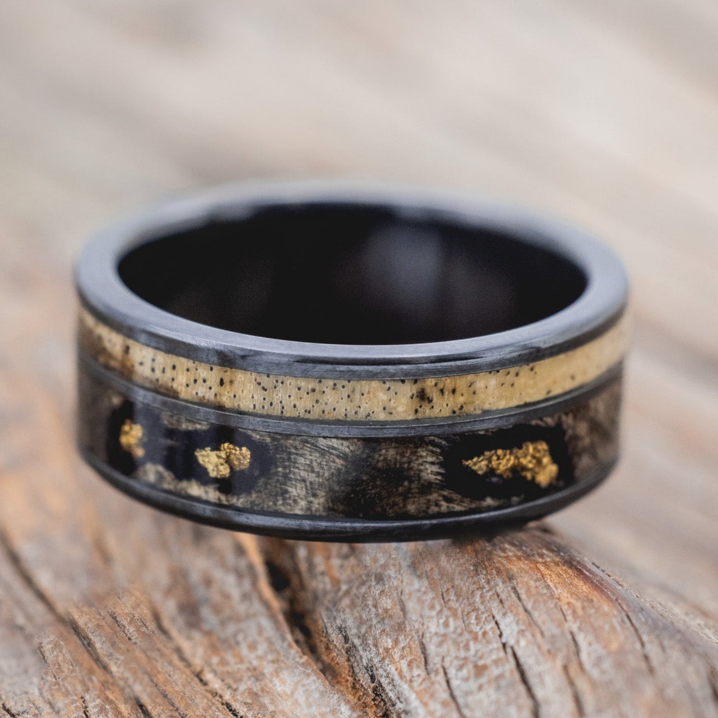 "RAPTOR" - ALASKAN PANNED GOLD NUGGETS SET IN BUCKEYE BURL & SPALTED MAPLE WOOD WEDDING RING-Staghead Designs
