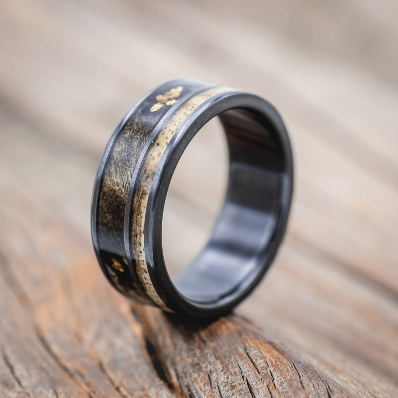 "RAPTOR" - ALASKAN PANNED GOLD NUGGETS SET IN BUCKEYE BURL & SPALTED MAPLE WOOD WEDDING RING-Staghead Designs