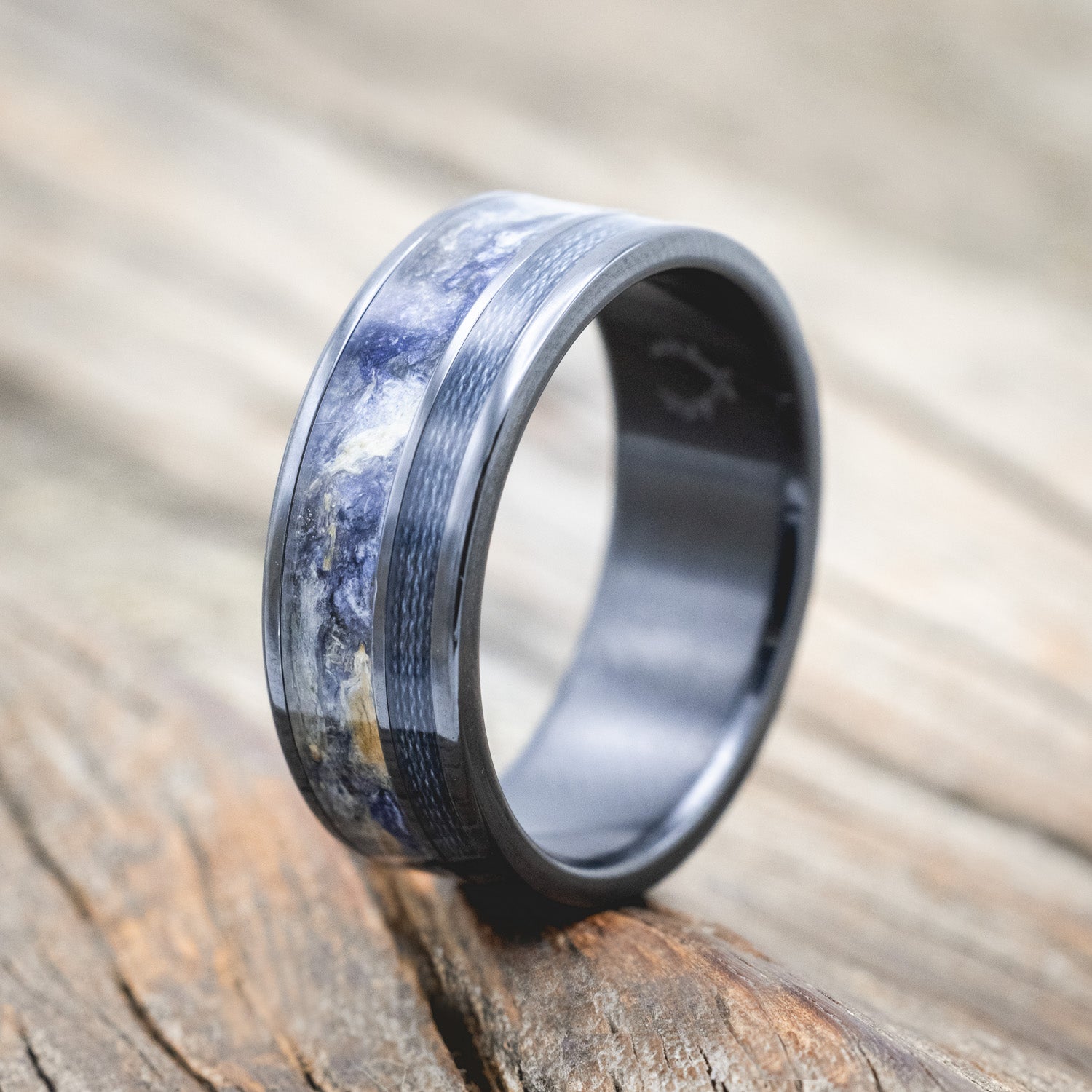 "RAPTOR" - BLUEBELL PETALS & GREY FISHING LINE INLAY WEDDING RING-Staghead Designs