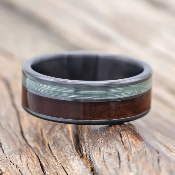 "Raptor" - Koa Wood & Fishing Line Wedding Ring - Black Zirconium - Size 11-Staghead Designs