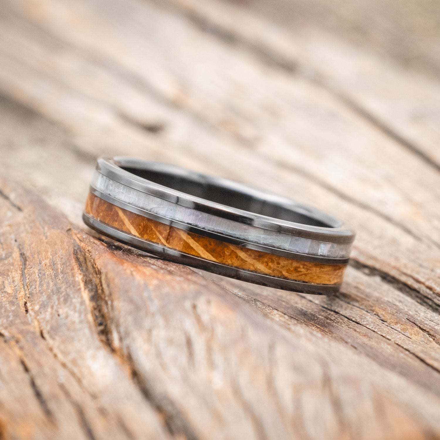 "RAPTOR" - MOTHER OF PEARL & WHISKEY BARREL OAK WEDDING BAND-Staghead Designs