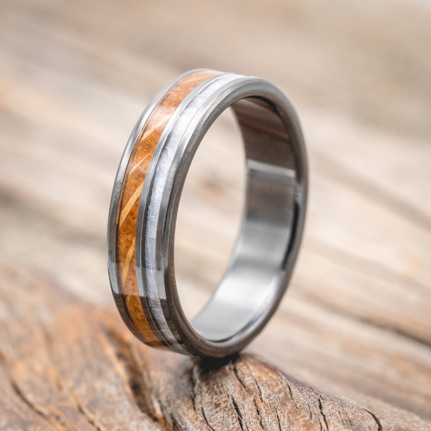 "RAPTOR" - MOTHER OF PEARL & WHISKEY BARREL OAK WEDDING BAND-Staghead Designs