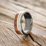 "RAPTOR" - REDWOOD WITH FIRE & ICE OPAL & 14K GOLD INLAY WEDDING RING-1